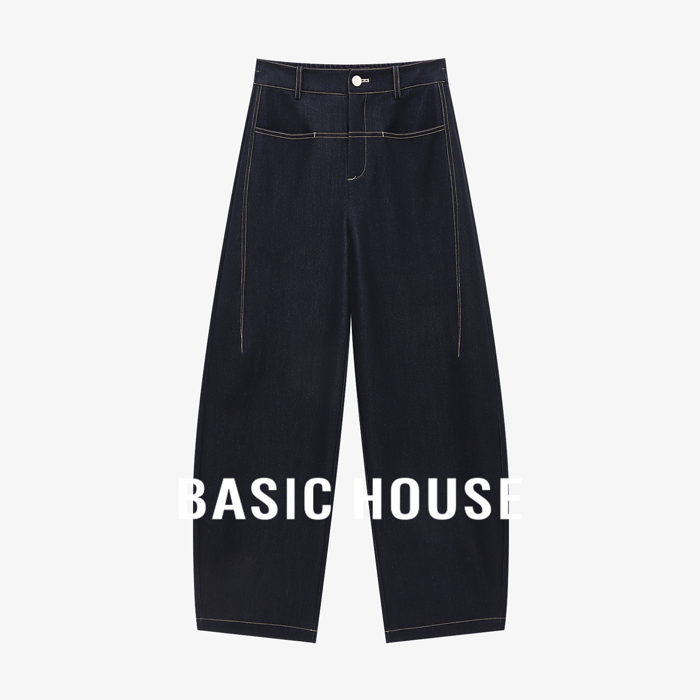 Basic House/百家好经典百搭明线设计秋季新款高腰显瘦阔腿牛仔裤