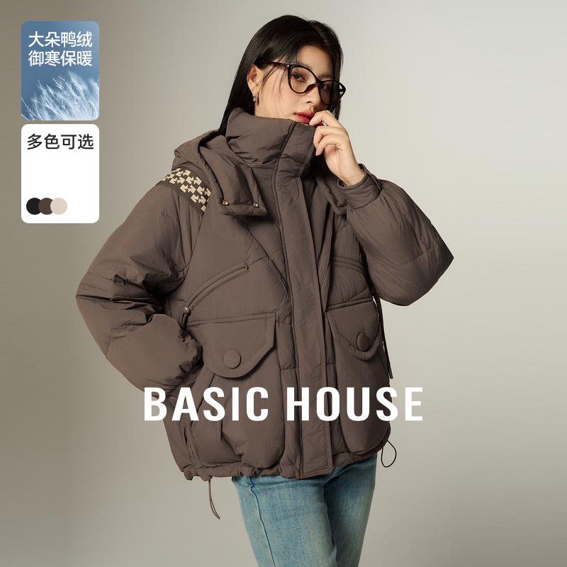 Basic House/百家好小个子拼接短款羽绒服秋冬新款宽松连帽外套女