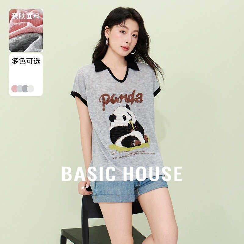 Basic House/百家好夏季新款熊猫撞色POLO衫字母短袖宽松上衣女