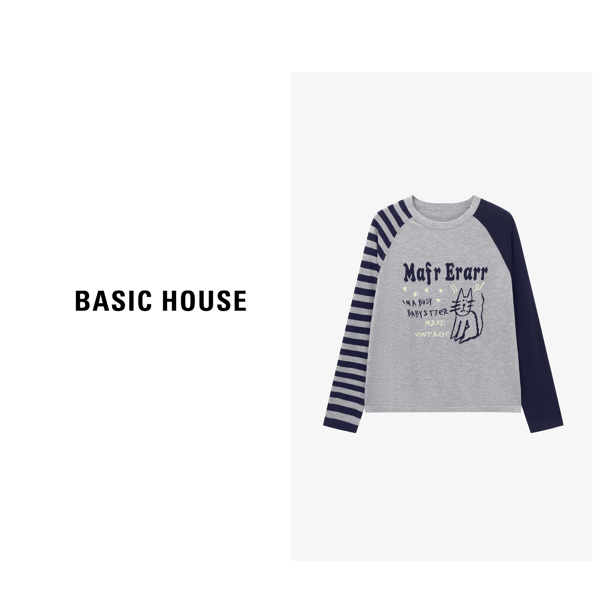 Basic House/百家好撞色拼接条纹猫咪印花设计秋季新款长袖针织衫
