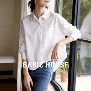 Basic House/百家好白色不规则翻领衬衫春季新款宽松短款叠穿衬衣