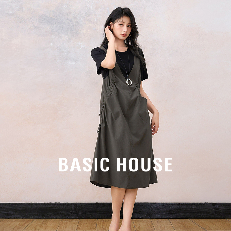 Basic House/百家好莱赛尔假两件背带连衣裙抽绳褶皱撞色开叉长裙