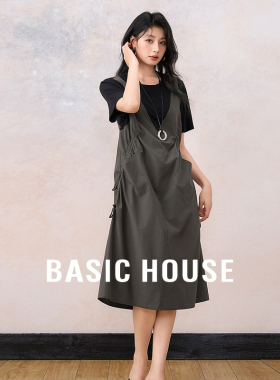 Basic House/百家好莱赛尔假两件背带连衣裙抽绳褶皱撞色开叉长裙