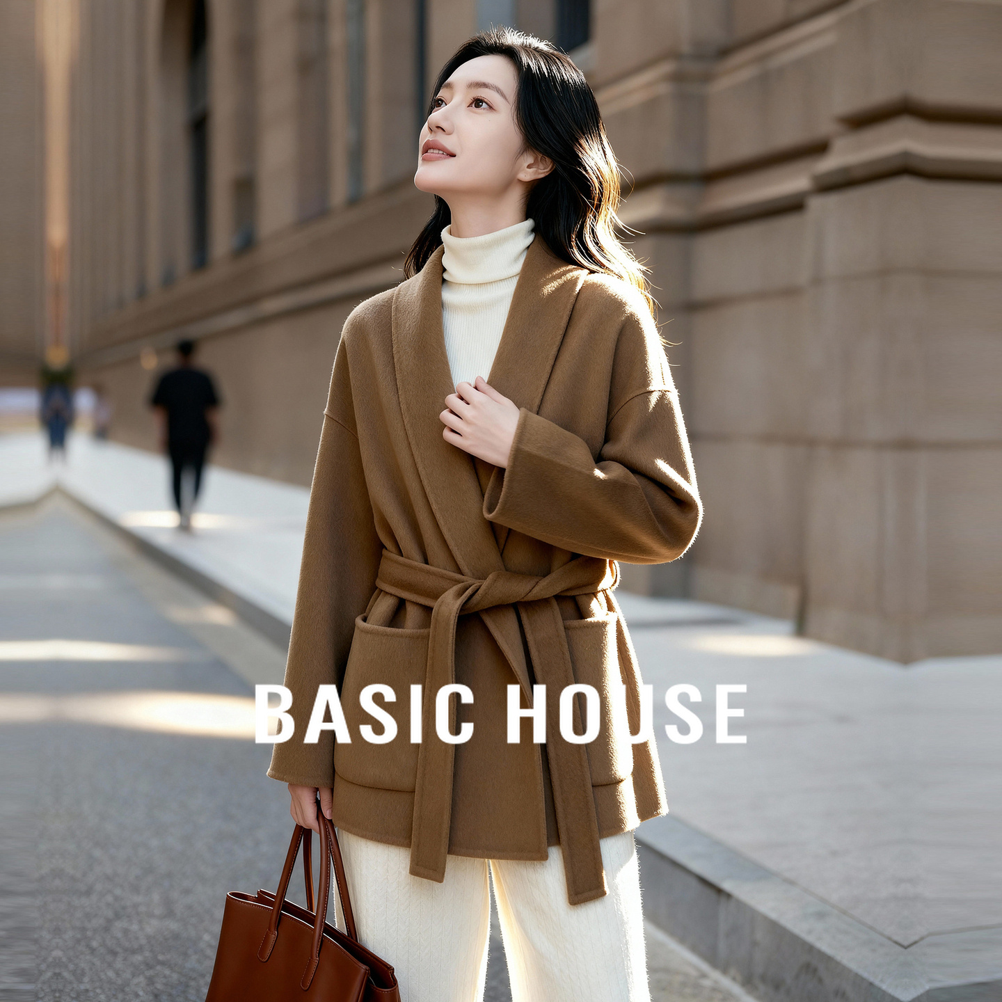 Basic House/百家好气质感大翻领绵羊毛短款双面呢大衣外套女冬季