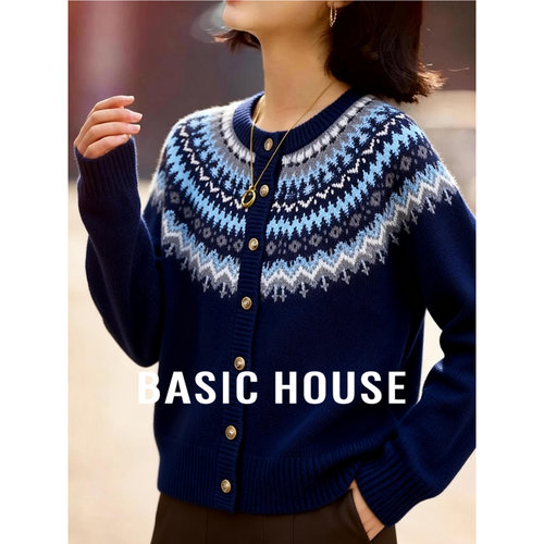 百家好绵羊毛费尔岛羊毛衫女士2025冬季新款圣诞提花针织开衫毛衣