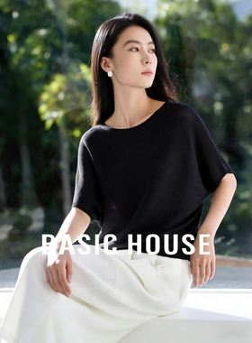 Basic House/百家好慵懒风圆领针织衫女夏季新款宽松显瘦黑色上衣