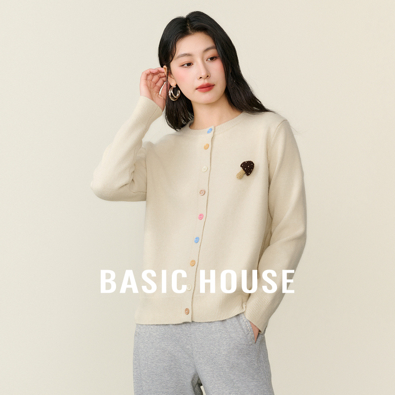 Basic House/百家好立体卡通彩扣毛衣外套女秋冬圆领长袖针织开衫