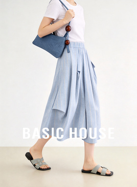 Basic House/百家好蓝色格纹刺绣休闲裤春新款不规则褶皱宽松裙裤