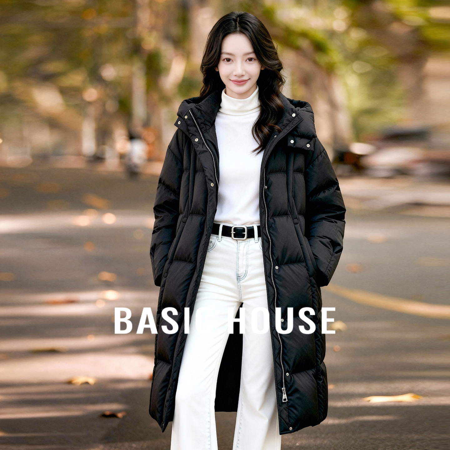 Basic House/百家好韩版连帽羽绒服女冬季中长款双拉链白鸭绒外套