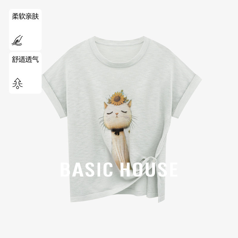 Basic House/百家好夏季新款百搭印花设计宽松显瘦套头短袖针织衫