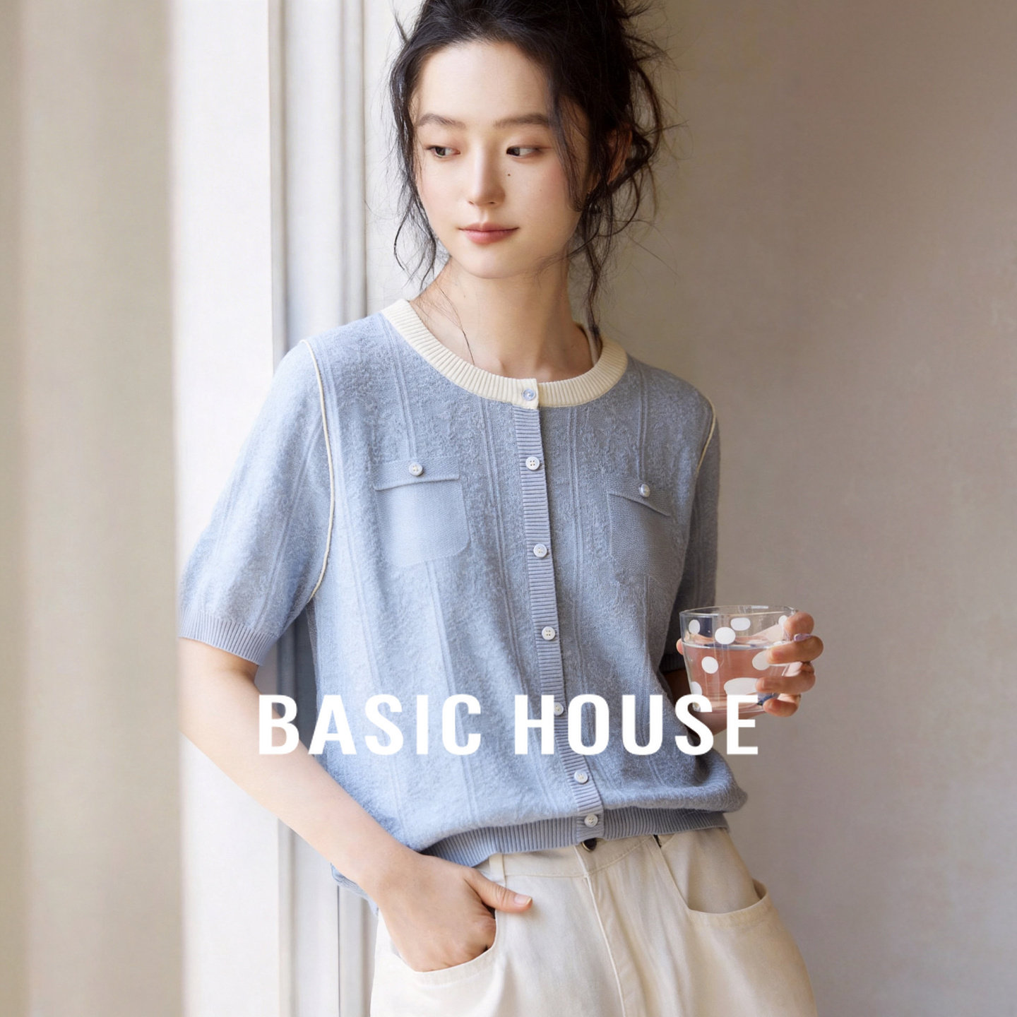 Basic House/百家好简约撞色圆领针织开衫女夏季短袖显瘦百搭上衣