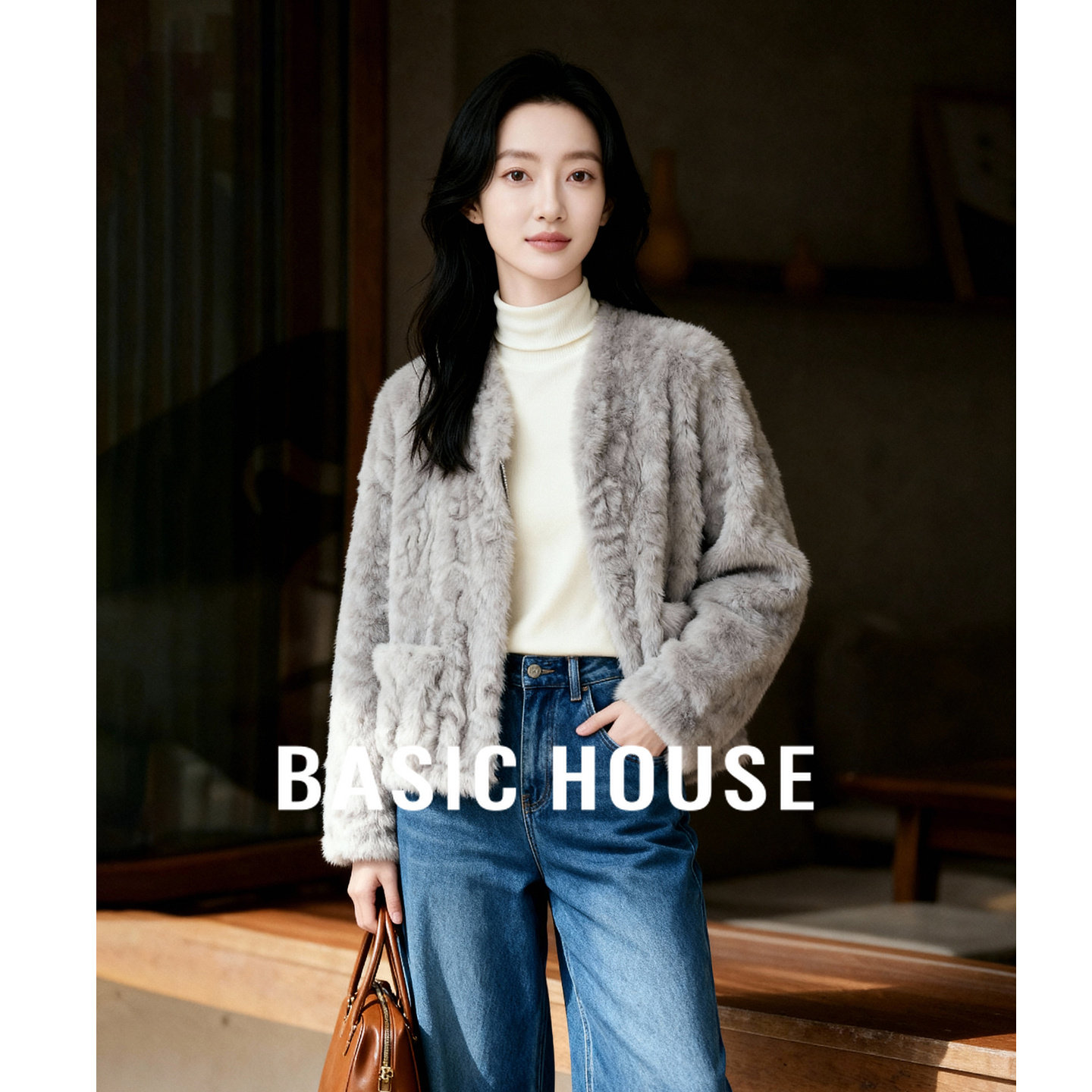 Basic House/百家好V领短款皮毛一体外套女冬通勤加厚仿皮草上衣