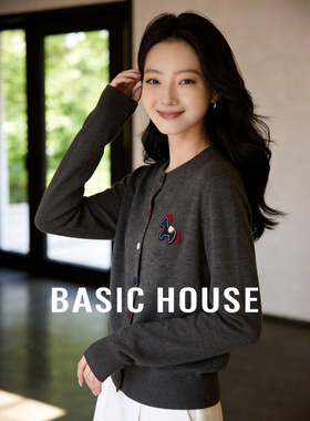 Basic House/百家好卡通小马刺绣灰色毛衣女新款减龄百搭羊毛开衫