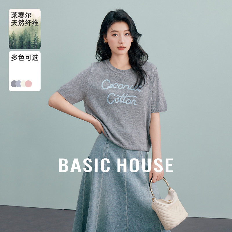 Basic House/百家好夏新款莱赛尔亚麻针织衫字母圆领短袖上衣薄款
