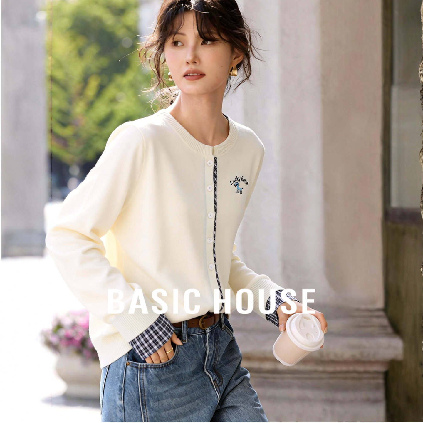 百家好假两件格纹袖口针织衫女2026春季新款圆领显瘦百搭开衫上衣