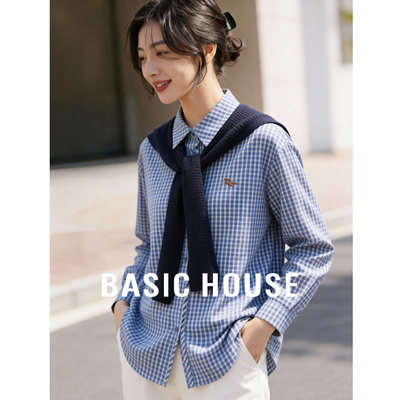 Basic House/百家好蓝格刺绣撞色翻领披肩设计感衬衫2026新款外套