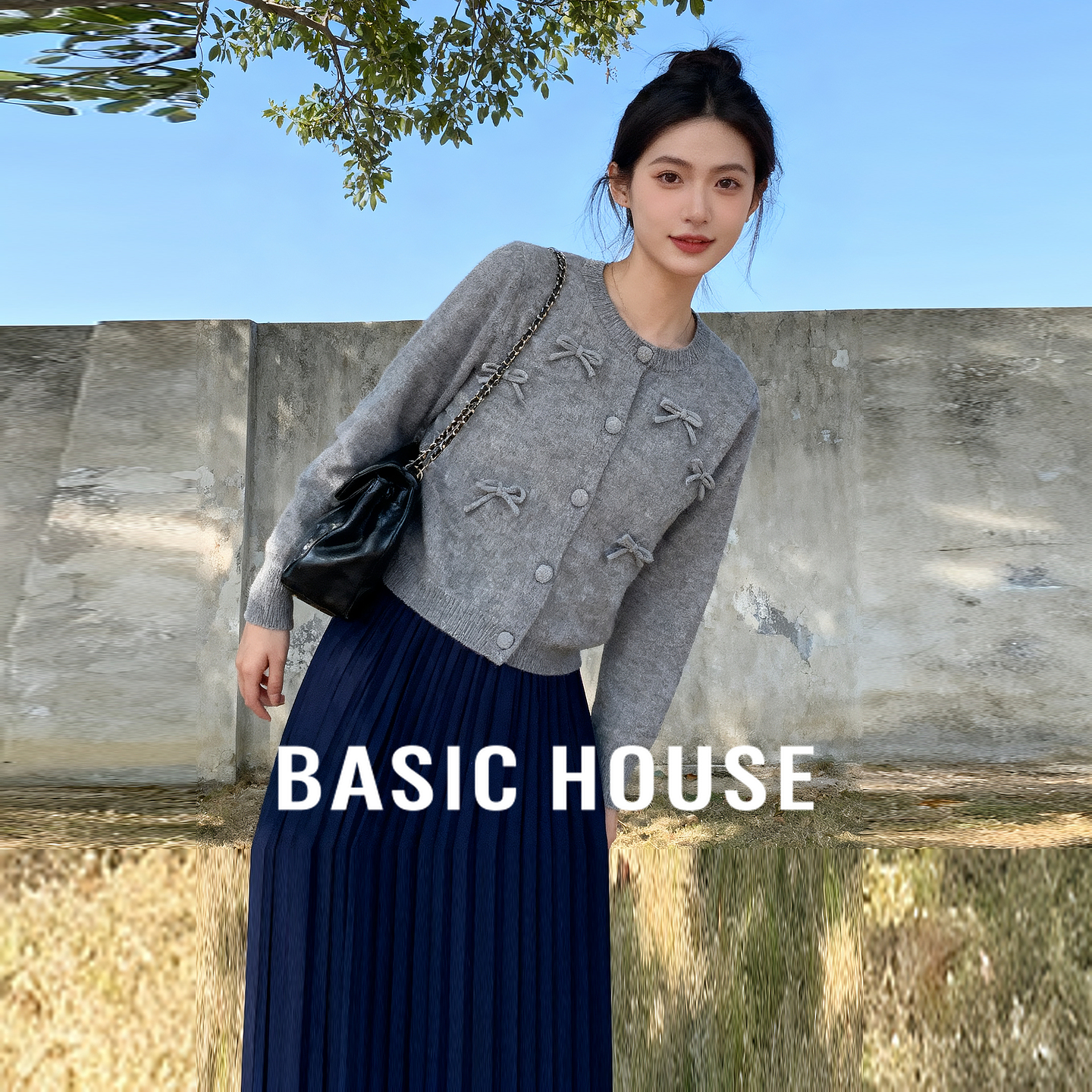 Basic House/百家好温柔风针织开衫毛衣25秋冬蝴蝶结点缀甜美上衣