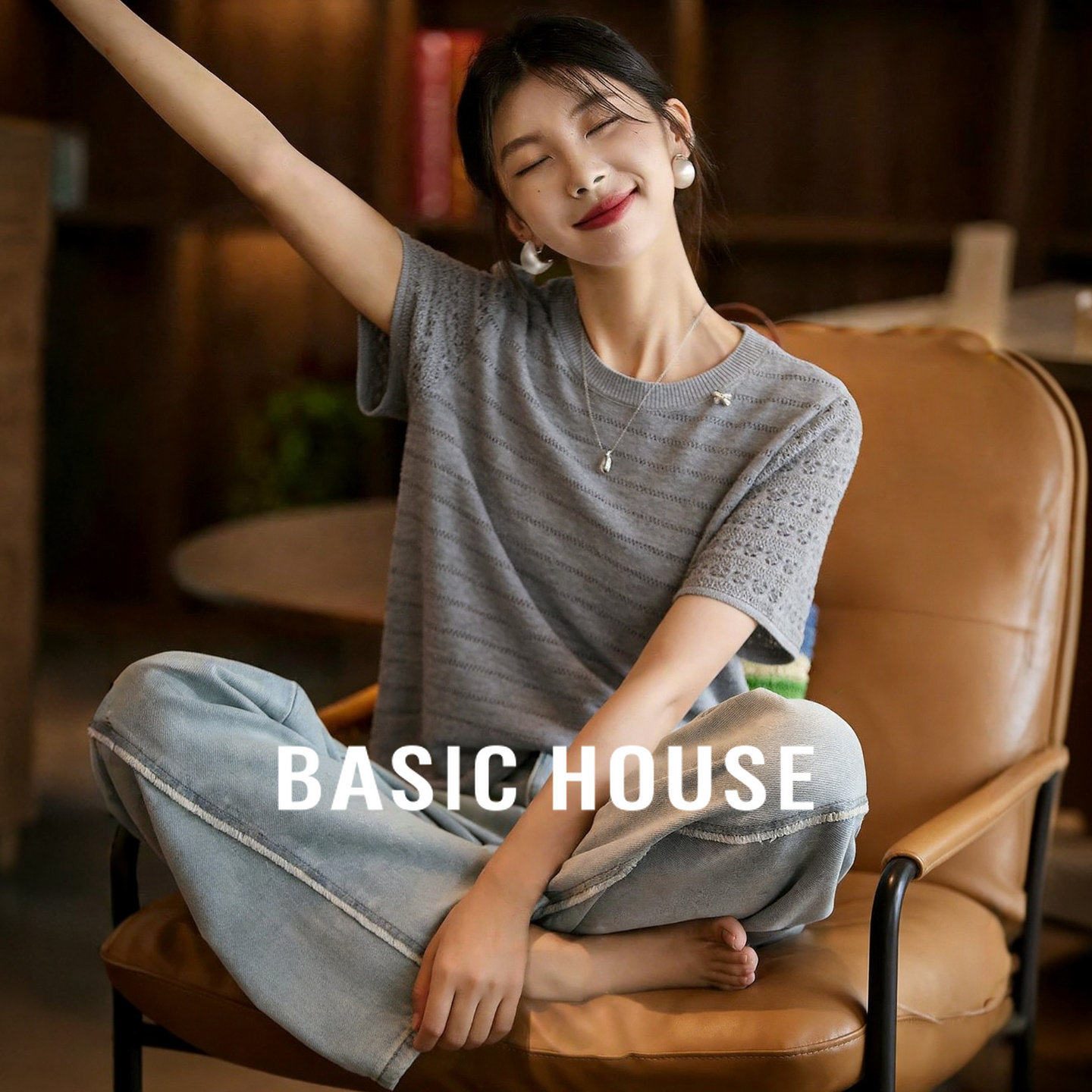 Basic House/百家好老钱风肌理感短袖针织衫女宽松慵懒风薄款上衣