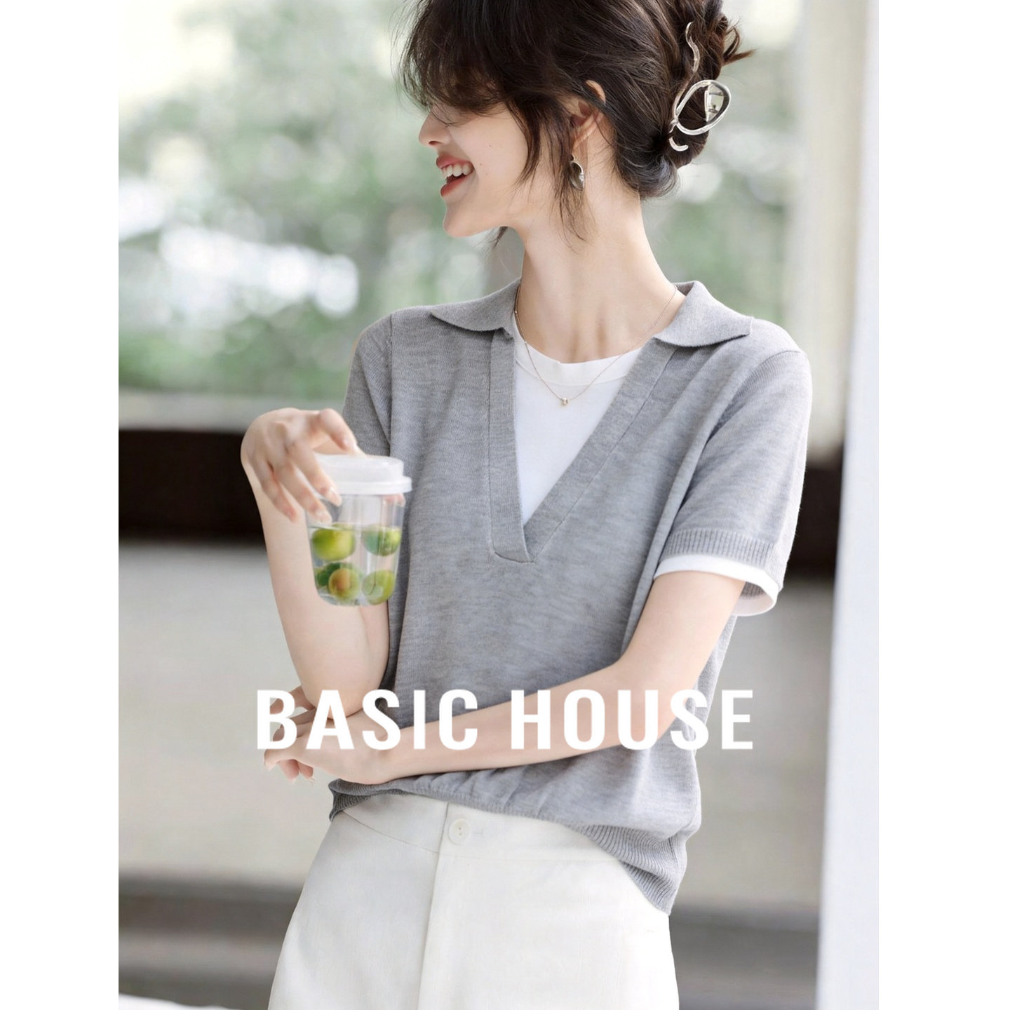 Basic House/百家好撞色假两件小翻领短袖女夏季薄款气质针织上衣