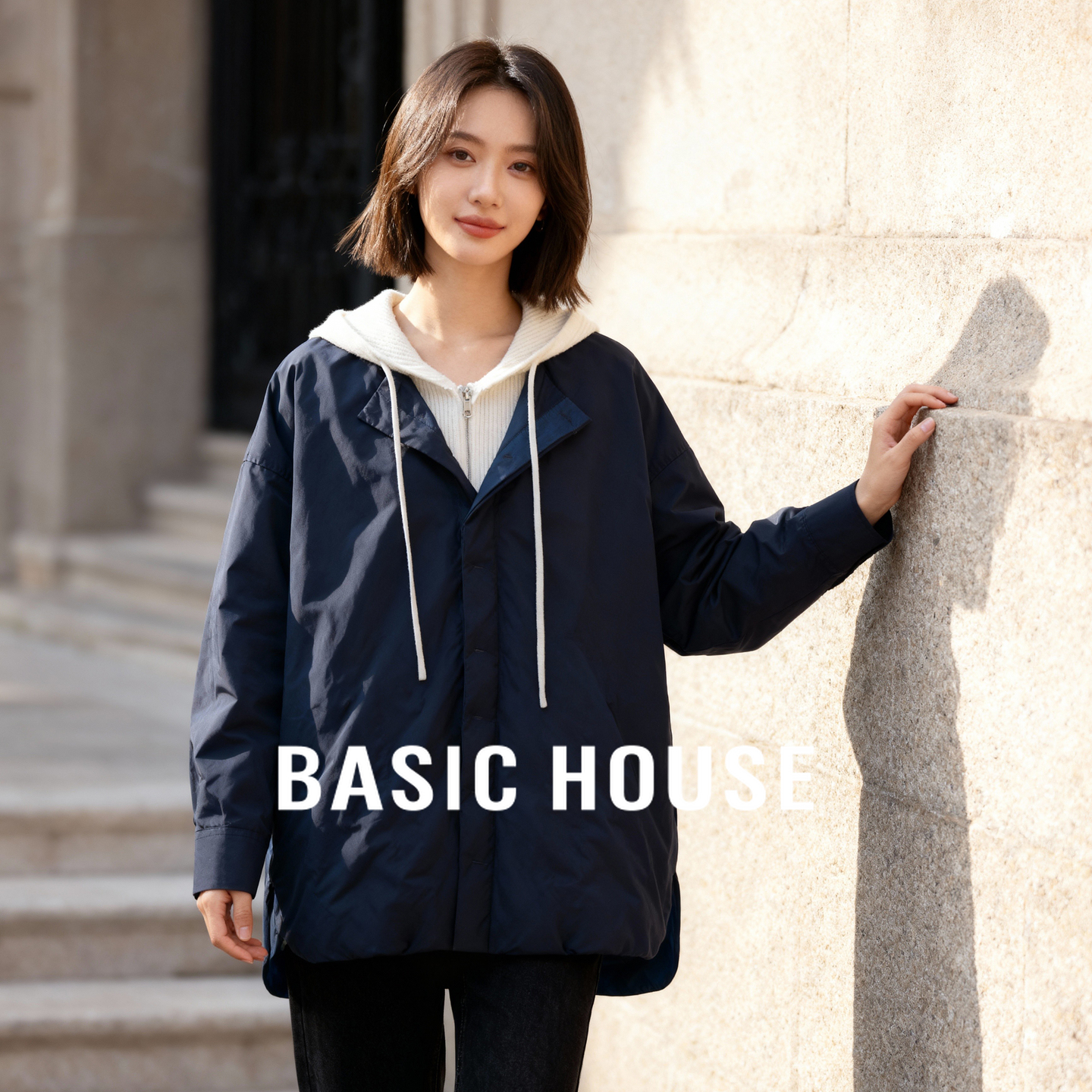 Basic House/百家好针织拼接连帽羽绒服冬季洋气撞色短款外套2025