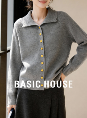 Basic House/百家好小翻领撞色开衫毛衣女冬季单排扣宽松长袖上衣