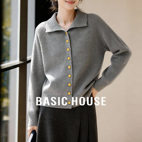 Basic House/百家好小翻领撞色开衫毛衣女冬季单排扣宽松长袖上衣