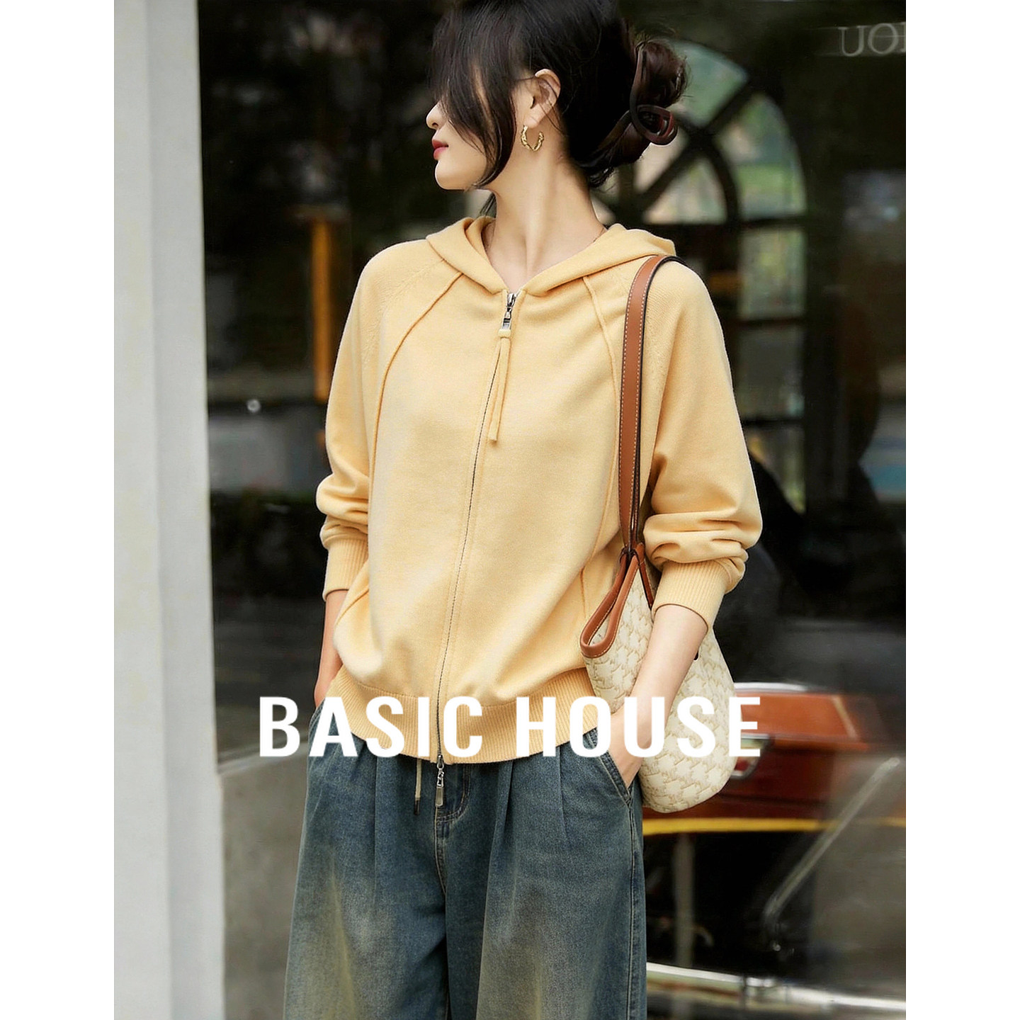 百家好奶黄色连帽针织开衫女春季新款宽松显瘦拉链卫衣式针织外套