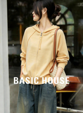 百家好奶黄色连帽针织开衫女春季新款宽松显瘦拉链卫衣式针织外套