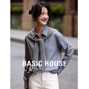 新款 Basic 春季 百家好条纹翻领衬衫 亚麻带针织披肩基础衬衣 House