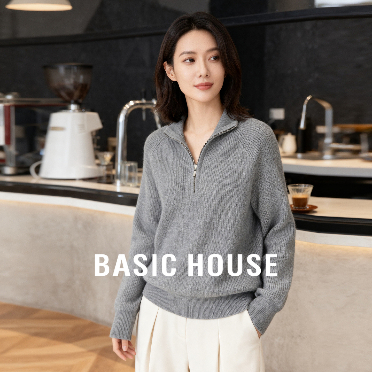 Basic House/百家好高级灰半高领拉链毛衣女秋冬慵懒风宽松针织衫
