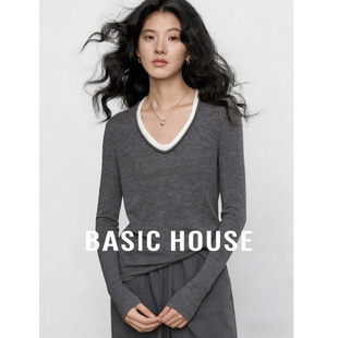 内搭打底衫 Basic 女春长袖 百家好灰色假两件V领针织衫 上衣 House