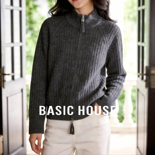 Basic House/百家好半高领深灰色羊毛衫新款双头拉链针织毛衣外套