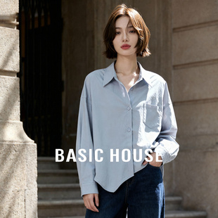 House 宽松短款 百家好蓝色不规则下摆衬衫 新款 翻领衬衣 春季 Basic