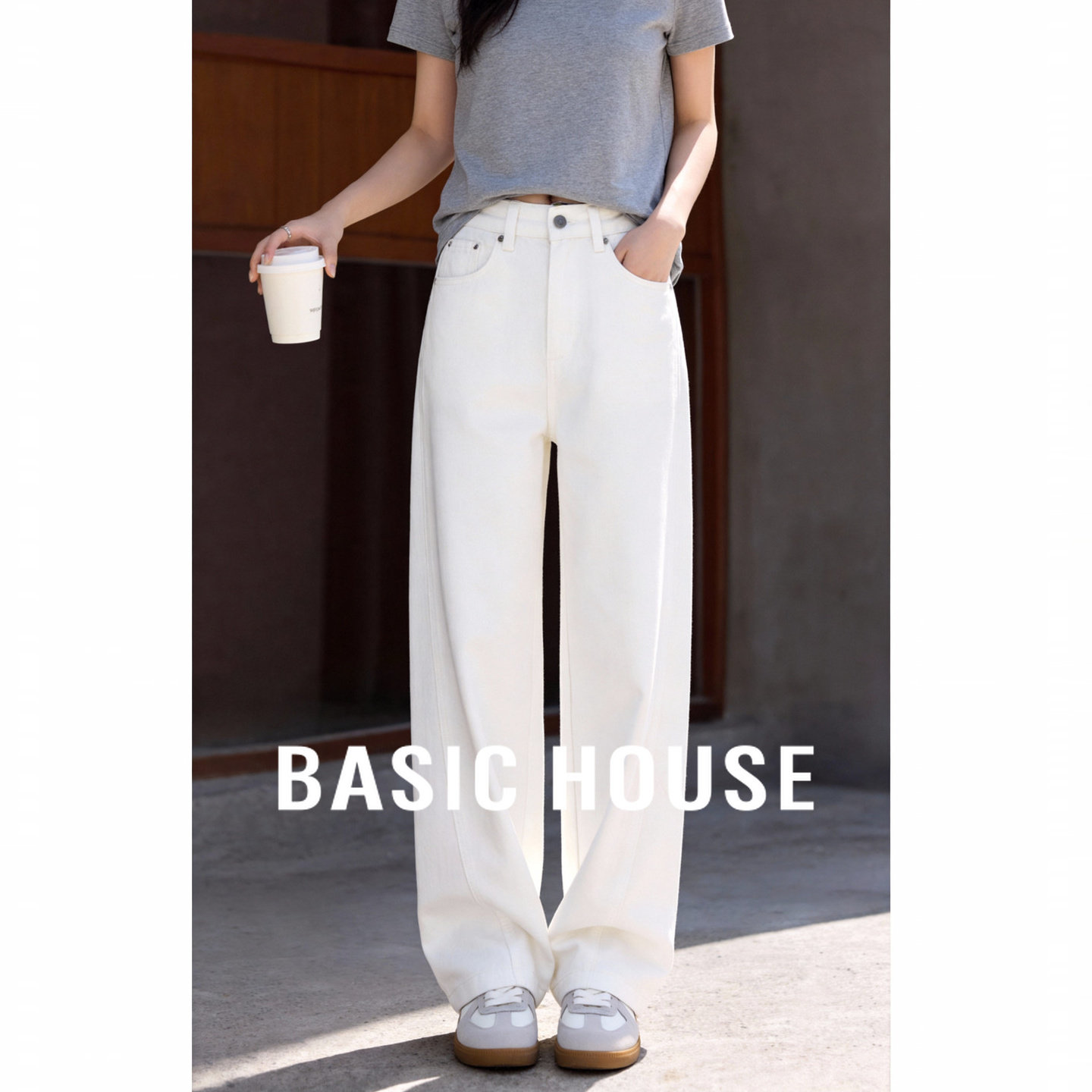 Basic House/百家好美式白色阔腿牛仔裤女春季新款复古百搭弯刀裤