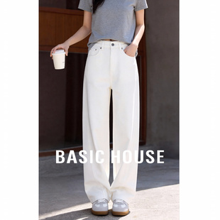 白色阔腿牛仔裤 百家好美式 女春季 新款 Basic 复古百搭弯刀裤 House