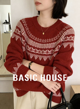 Basic House/百家好费尔岛红色毛衣女冬季新款高级感圆领毛衫上衣