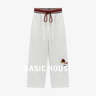 女秋季 Basic House 百家好淺灰色卡通刺繡抽繩闊腿褲 休閑寬松衛褲