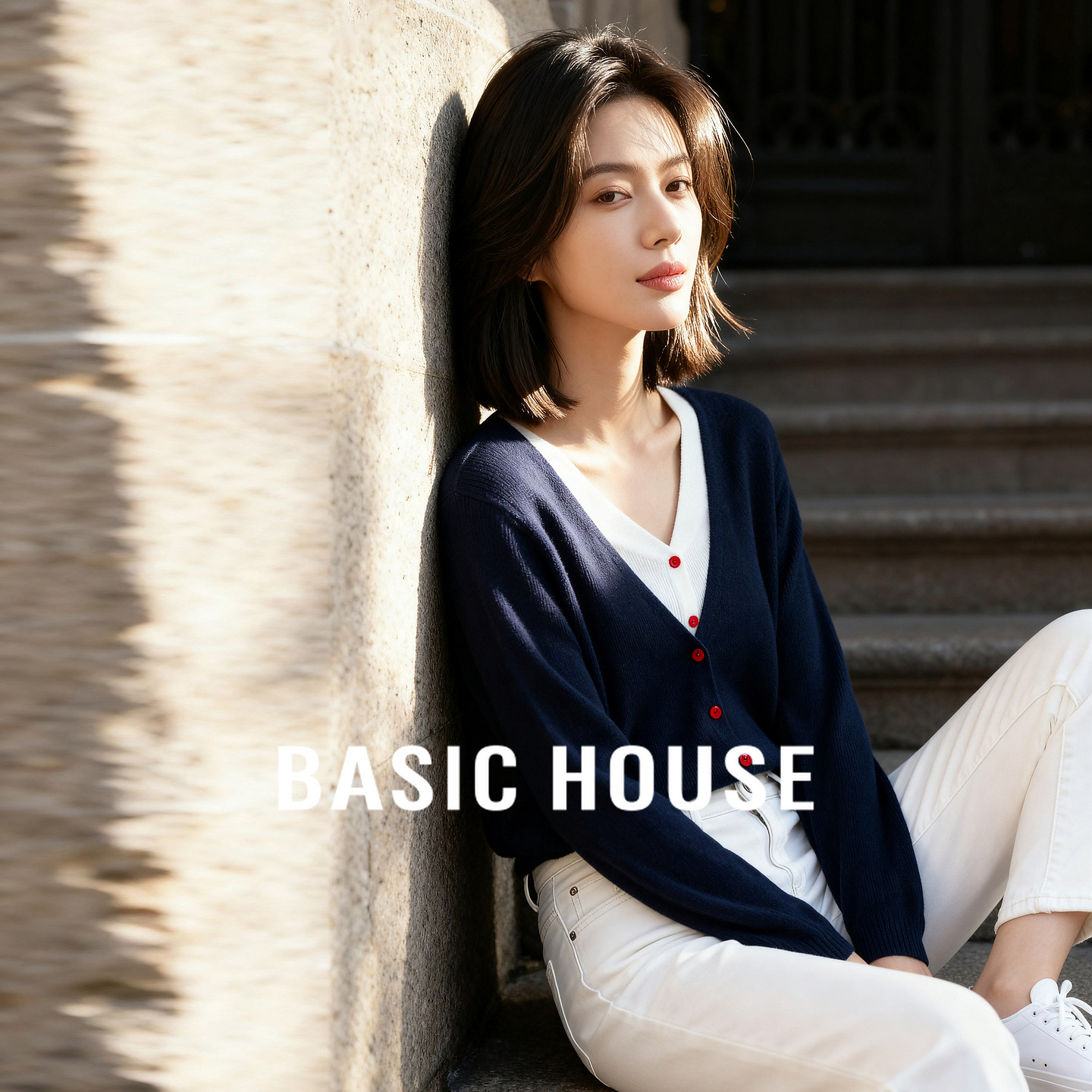 Basic House/百家好撞色V领假两件针织女款2026春新款开衫上衣