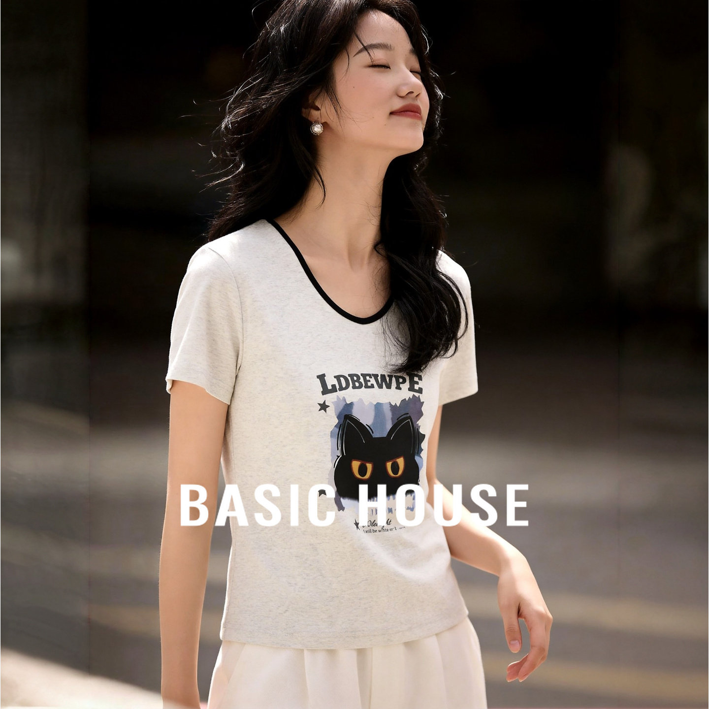 Basic House/百家好休闲风撞色卡通短袖T恤女26春季宽松显瘦上衣