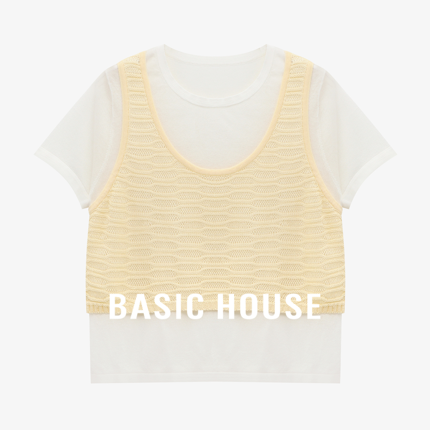 Basic House/百家好夏季简约拼接撞色假两件设计感短袖圆领针织衫
