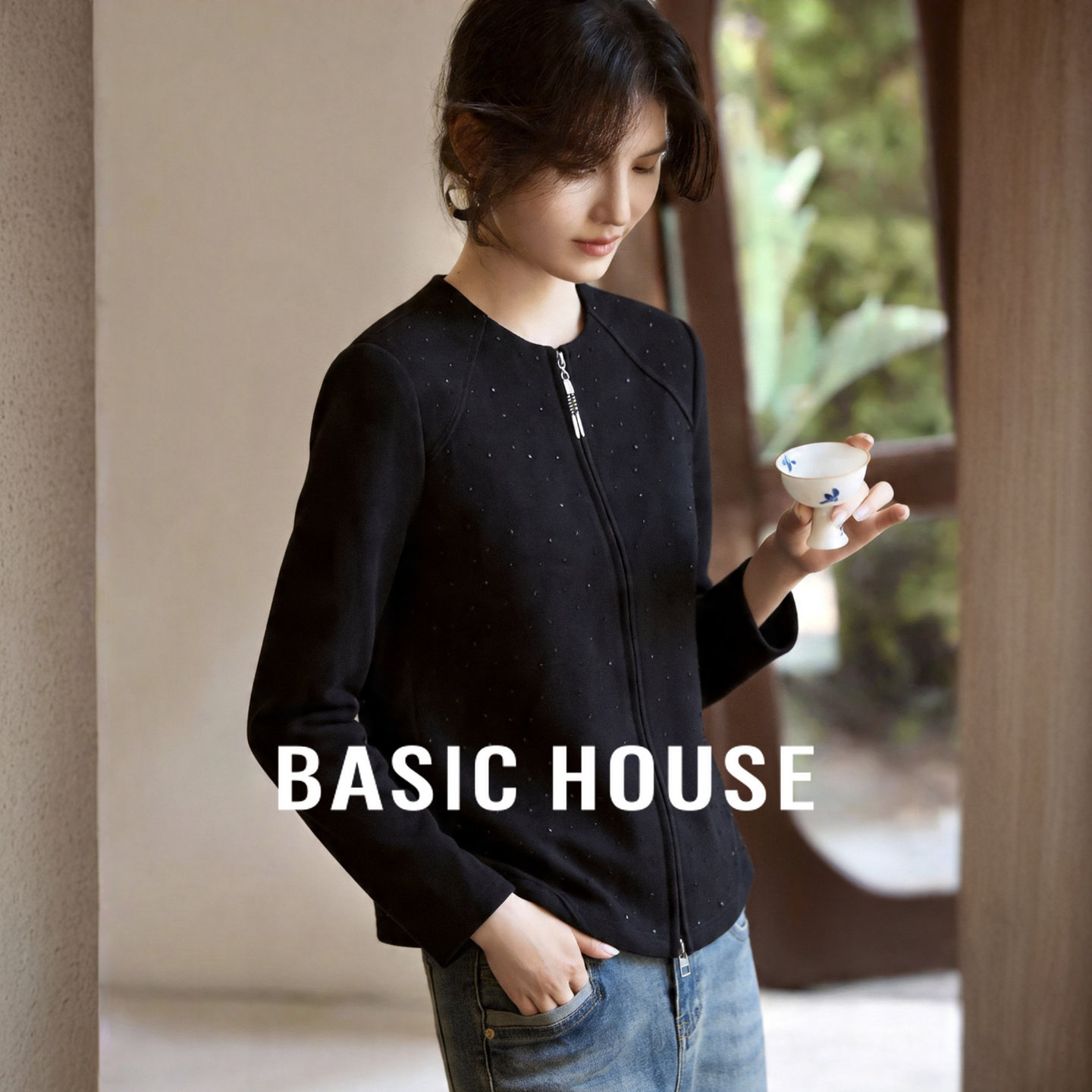 Basic House/百家好黑色拉链针织开衫女百搭洋气卫衣薄款显瘦上衣