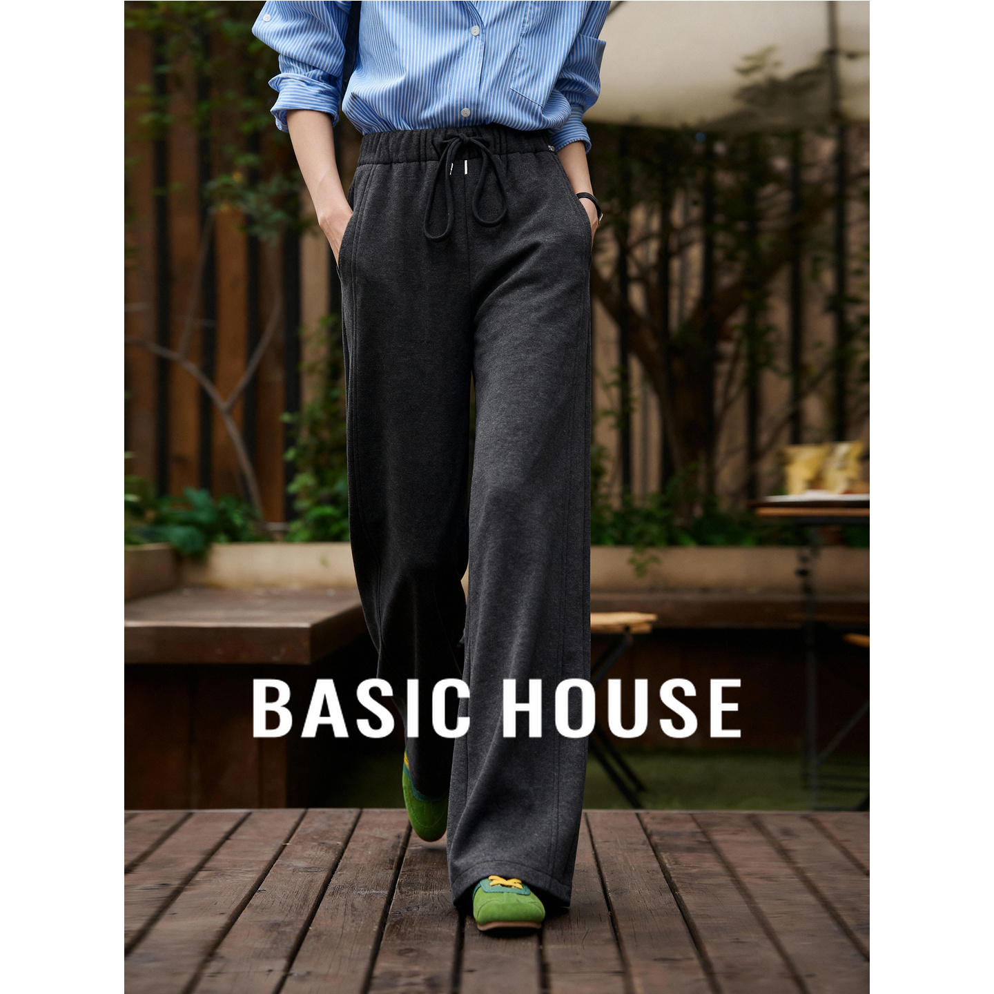 Basic House/百家好松紧腰系带抽绳休闲裤女冬季宽松百搭运动长裤