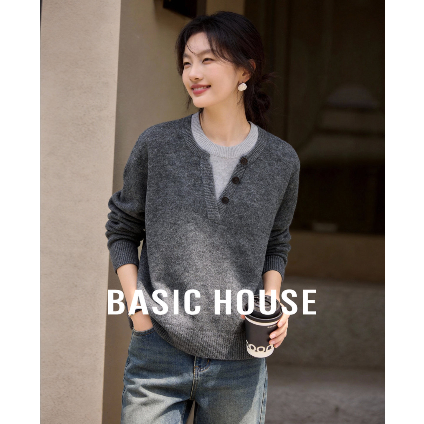 Basic House/百家好撞色假两件V领毛衣女春宽松慵懒风针织衫上衣,女装/女士精品,毛衣,淘宝优惠券,粉丝福利购,淘宝优惠卷