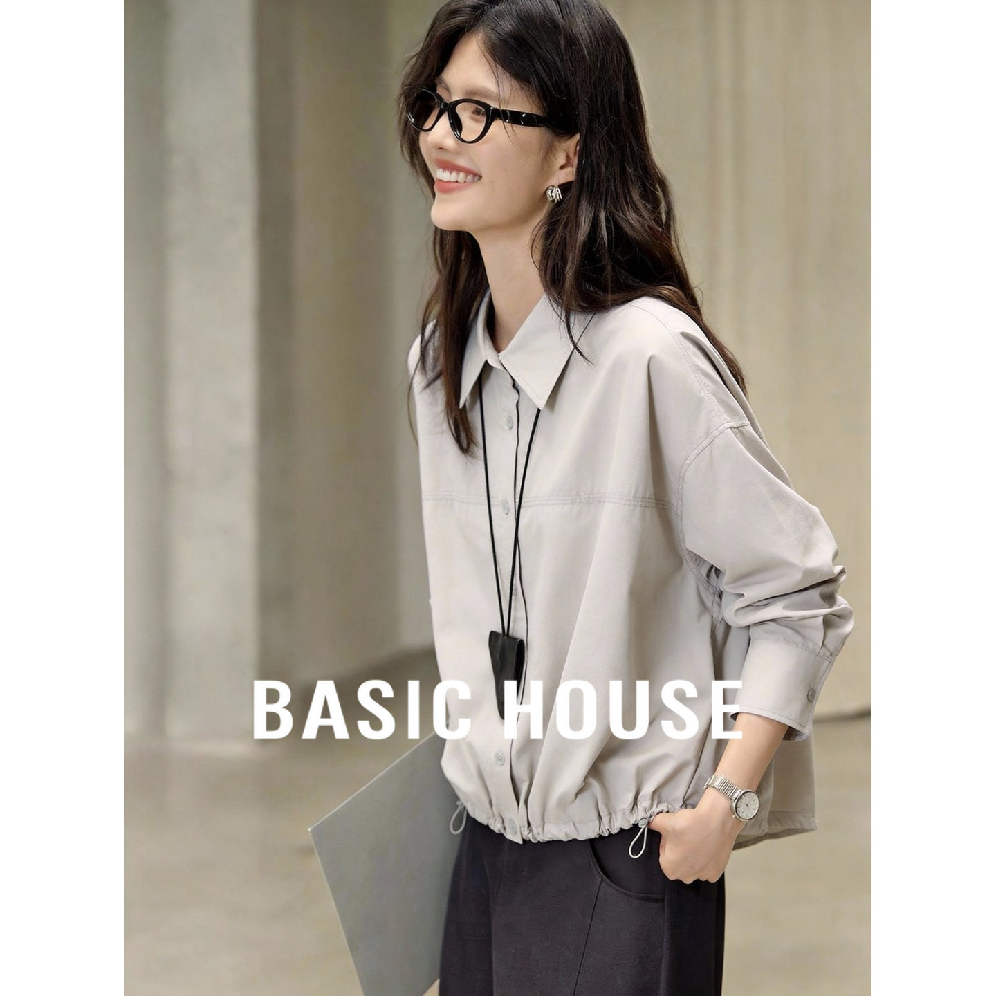 Basic House/百家好抽绳衬衫女2026春季新款纯棉内搭叠穿衬衣上衣