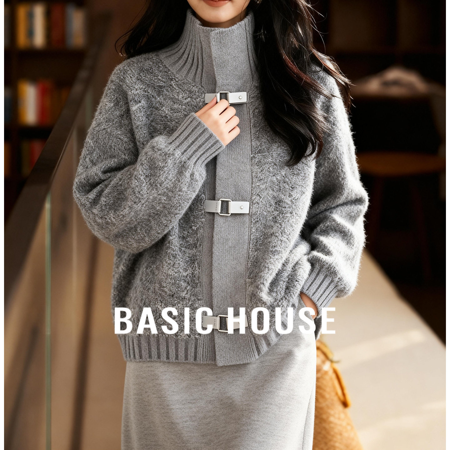 百家好女士高领小众设计感毛衣冬季新款拼接绒毛加厚保暖上衣外套