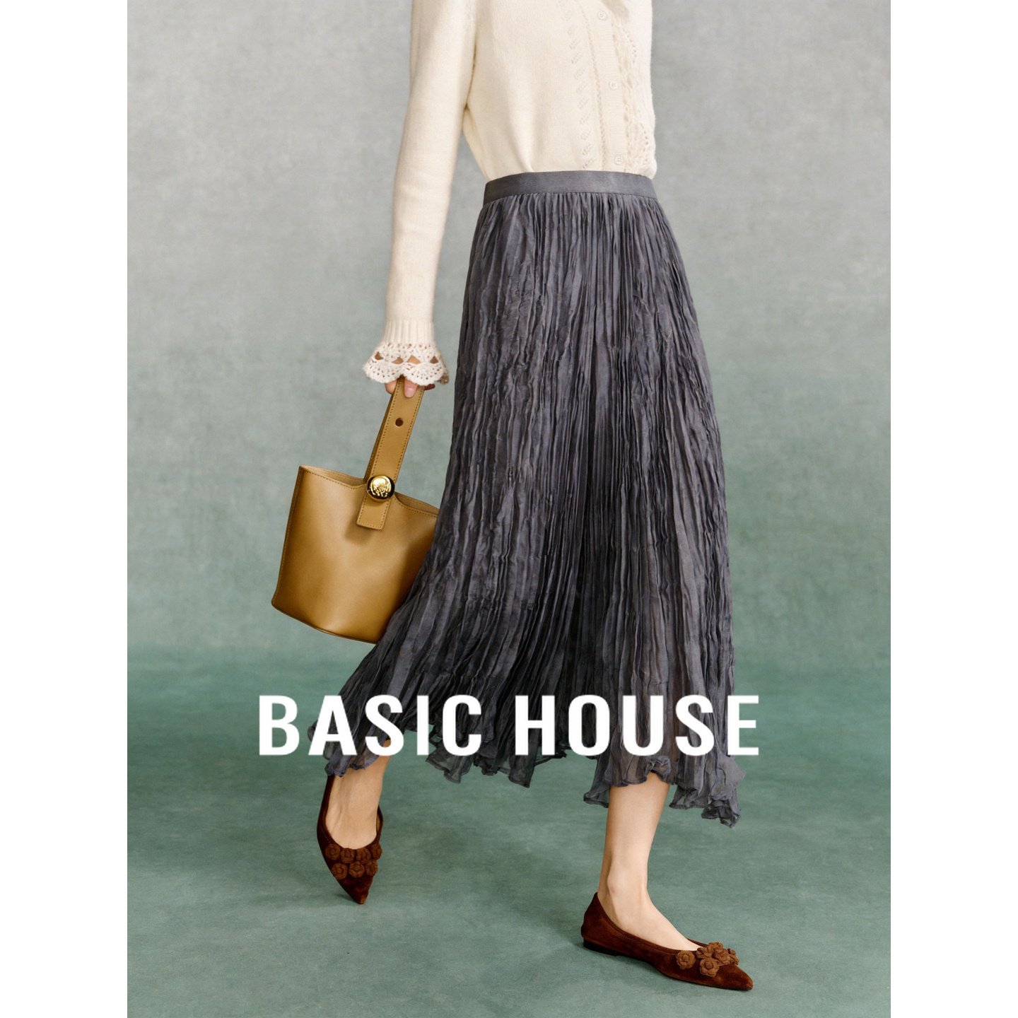 百家好白色褶皱半身裙女26春季新款高腰不规则大摆中长款百褶纱裙