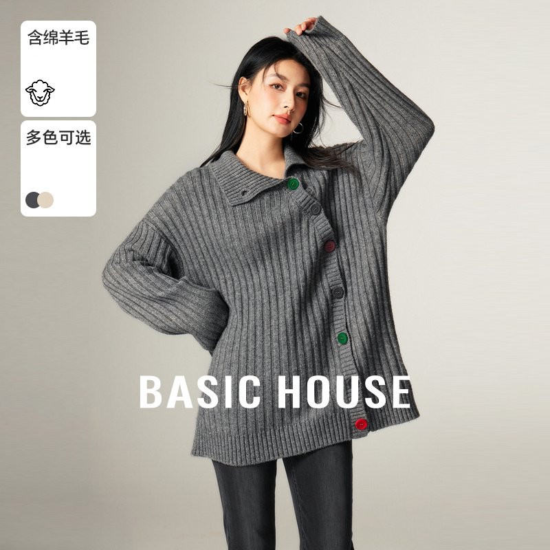 Basic House/百家好不规则斜边纽扣毛衣女秋冬中长款加厚开衫上衣