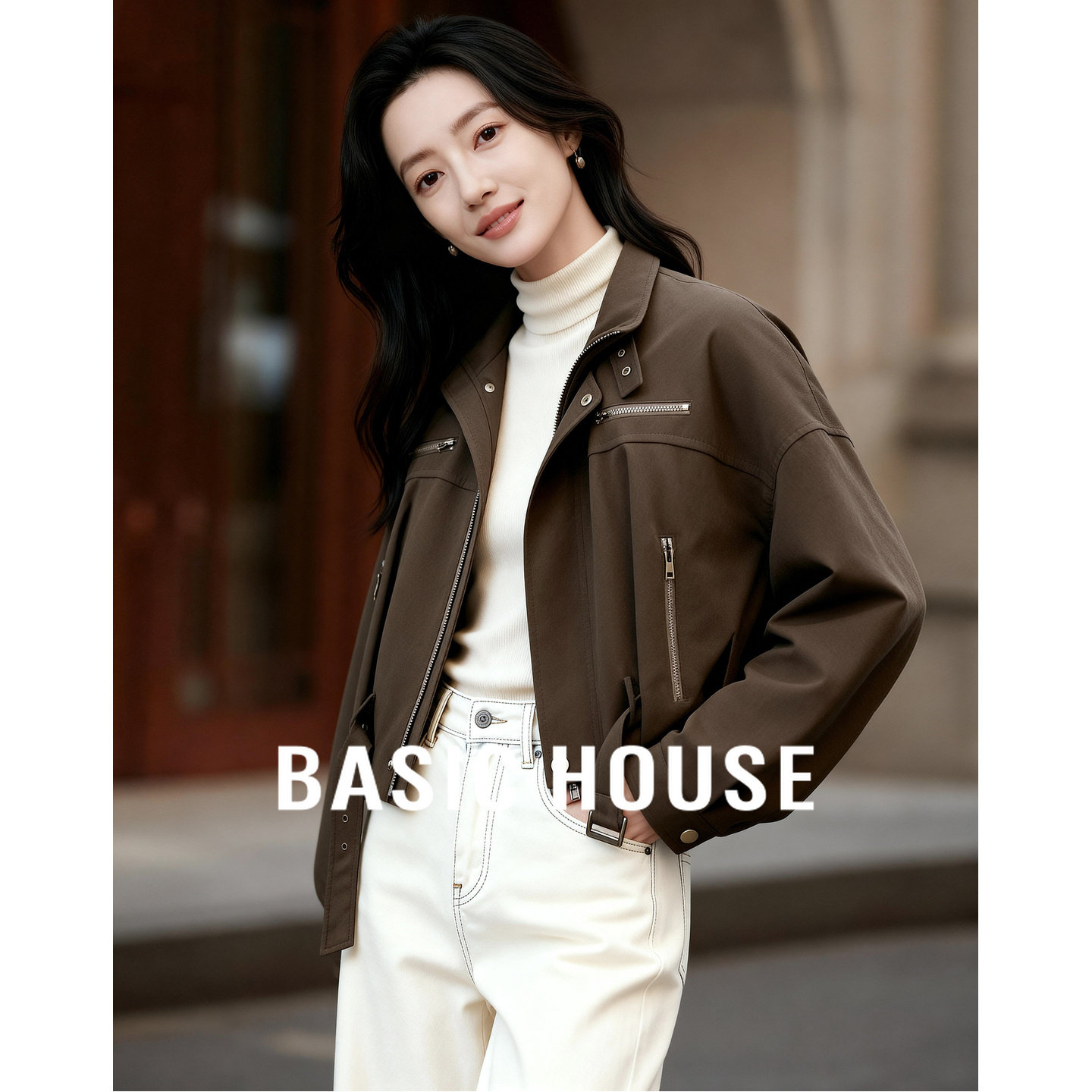 Basic House/百家好复古工装夹克秋冬宽松休闲机车风短款棉服外套