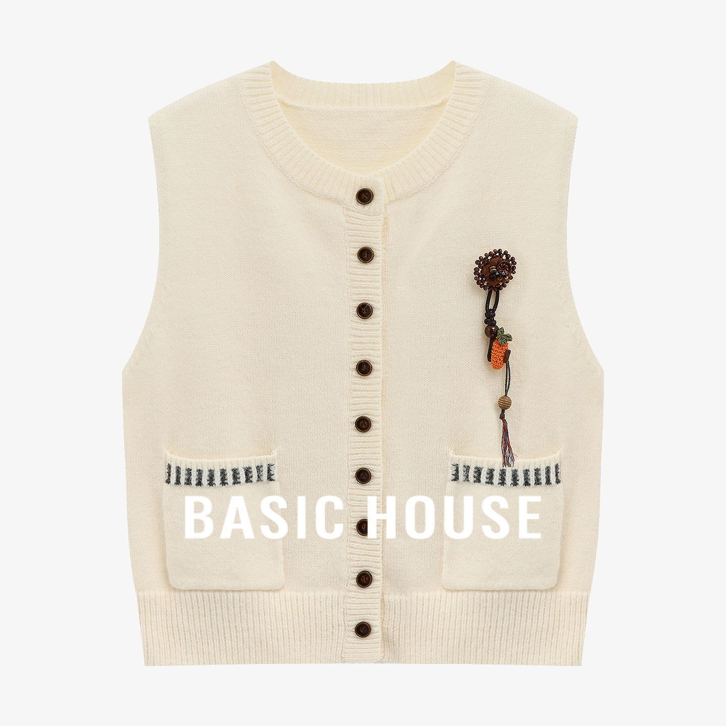 Basic House/百家好挂坠装饰米白针织马甲女冬季纽扣开衫无袖上衣