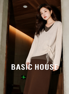 Basic House/百家好绵羊毛假两件撞色针织衫桑蚕丝抽绳上衣女秋冬
